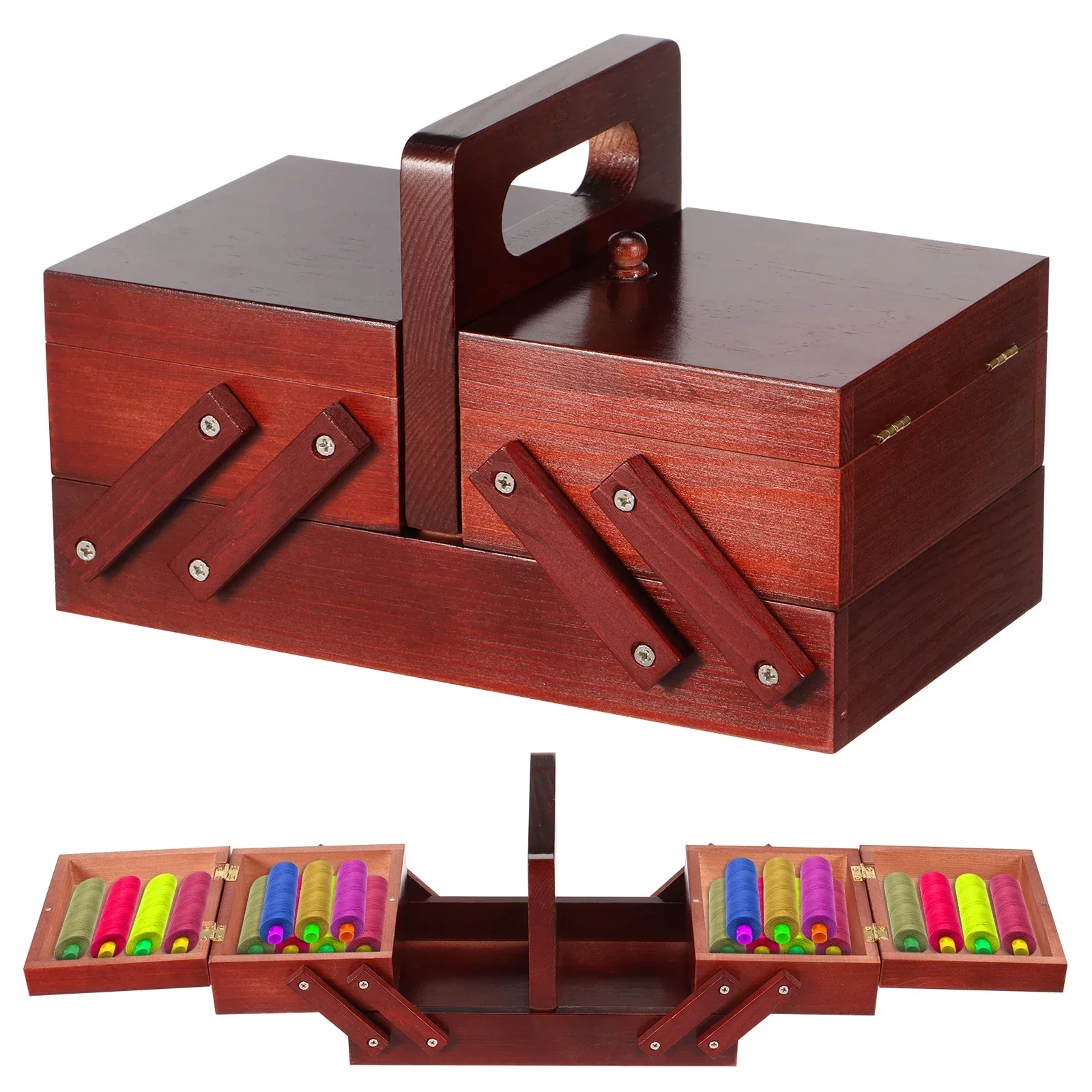 Workshop Tools Cabinet - กล่องเก็บด้ายเย็บผ้าแบบขยายได้ ทำจากไม้สไตล์วินเทจ พร้อมที่เก็บหลอดด้าย ตะกร้าใส่ด้ายเย็บผ้าแบบมีหูหิ้ว กล่องเก็บเข็มและด้าย สำหรับงาน